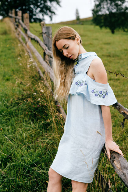 姿势年轻漂亮的金发碧眼的女孩 穿着蓝色的裙子 在乡村的篱笆边摆姿势年轻金发自然