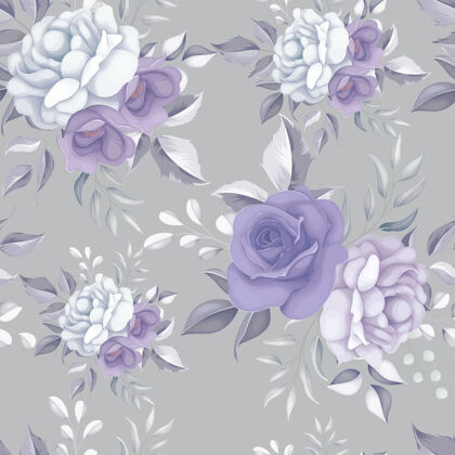 复古美丽的花朵与紫色花朵无缝模式花朵花束紫色花朵