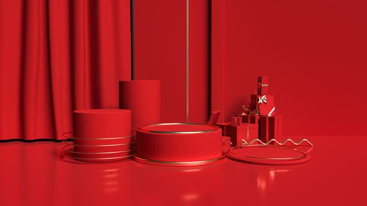 展览三维渲染的红色与极简几何图形的产品展示楼梯展示渲染