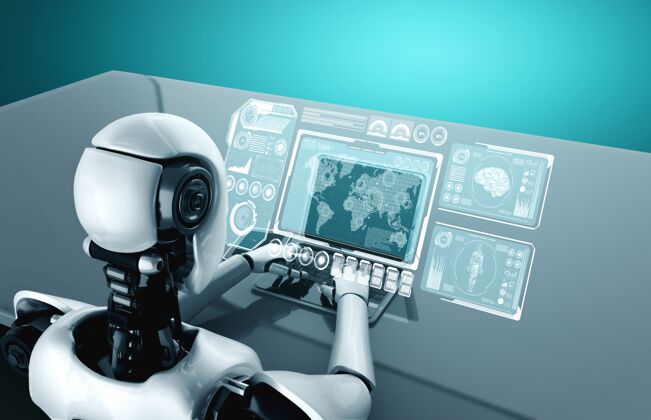 人机器人人形使用笔记本电脑和坐在桌子上的大数据分析工业办公室电子人