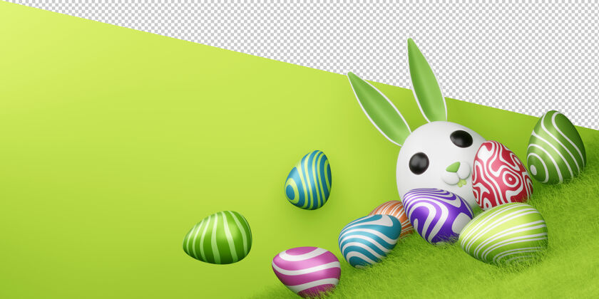 3d复活节快乐 可爱的兔子和彩色彩蛋在三维渲染3d渲染复活节构图