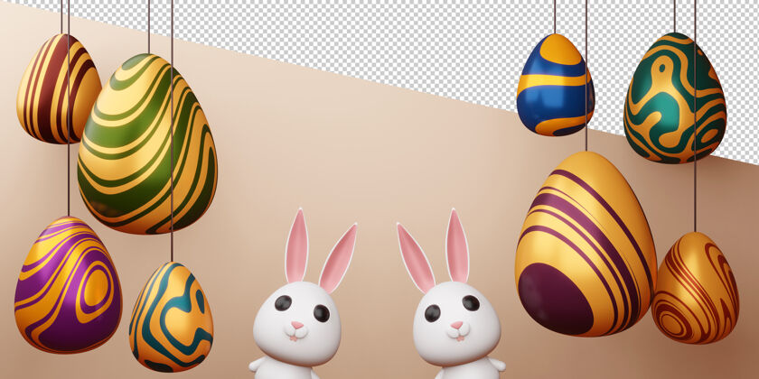 符号复活节快乐 可爱的兔子和彩色彩蛋在三维渲染装饰美丽复活节