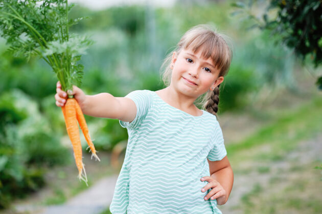 零小女孩在厨房里摘胡萝卜花园.秋天蔬菜收获享受有机胡萝卜