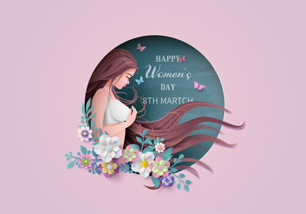 妇女节3月8日国际妇女节 花叶相框 纸艺风格纸花三月