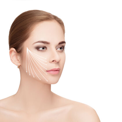健康水疗肖像迷人的女人与箭头在她的脸上白色背景面举起概念塑料手术治疗 药物眼睛面部头部