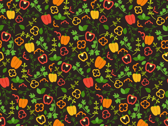 辣椒粉甜椒和香草卡通无缝图案手绘蔬菜黄色 绿色和红色的辣椒平面彩色甜椒食品蔬菜包装胡椒粉