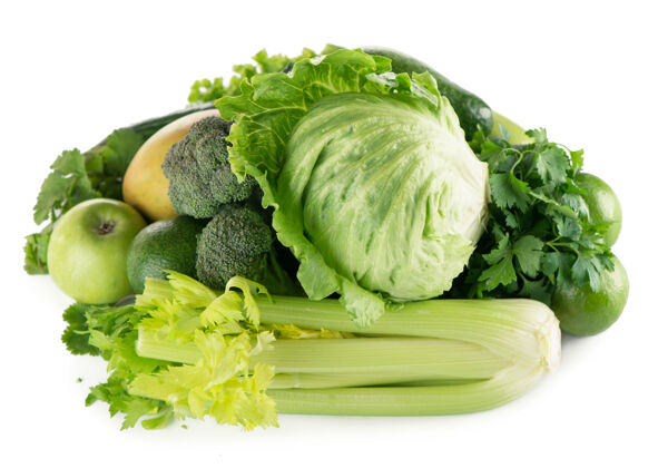 剪辑路径白色背景上的绿色水果和蔬菜维生素背景新鲜