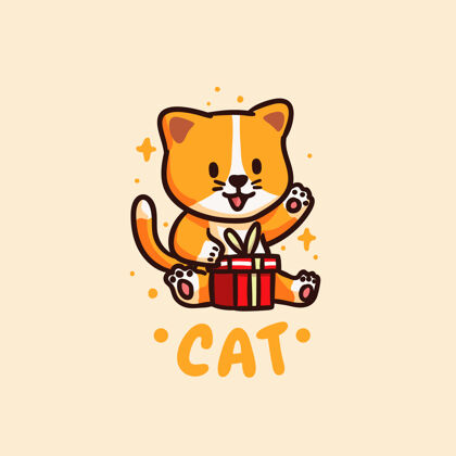 丛林可爱的卡哇伊快乐猫收到礼物插图绘画插图可爱