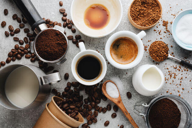 阿拉比卡咖啡概念与不同类型的咖啡和咖啡制作道具灰色background.view视图从上面食品棕色顶部