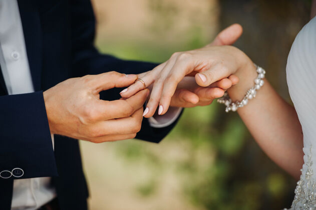 手指婚礼当天新郎把订婚戒指戴在新娘的手指上戒指女人手
