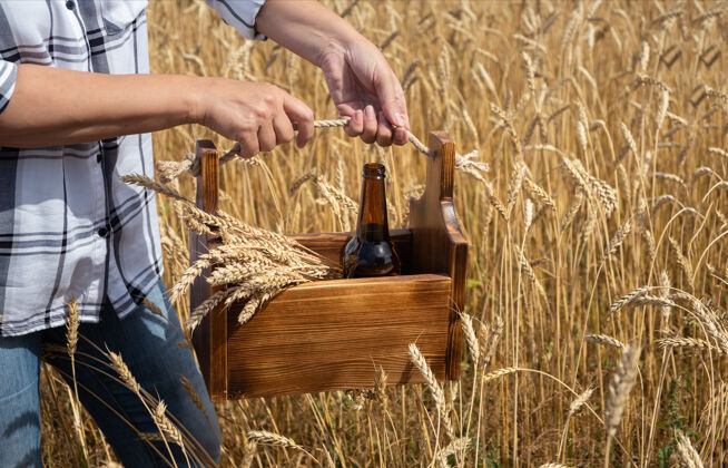 收获一个有麦穗的木箱和一个玻璃啤酒瓶农业女人饮料