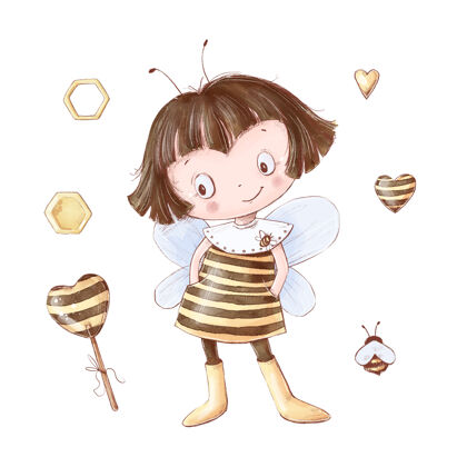 昆虫一套卡通女婴蜂蜜糖果动物蜜蜂人物