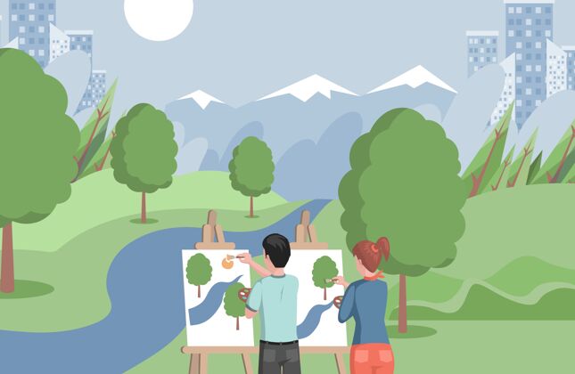 绘画孩子们站在湖边画风景画绘画户外乐趣