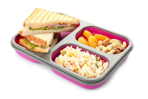 米饭白底美味的学校午餐盒新鲜午餐休息