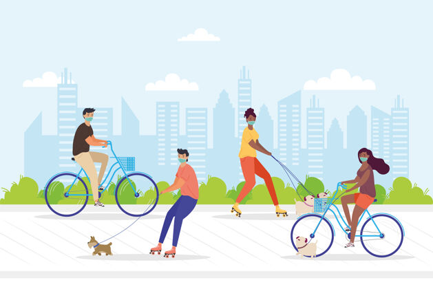 锻炼年轻人戴着医用口罩骑着自行车和溜冰鞋带着狗在公园里插画设计医药男孩保健