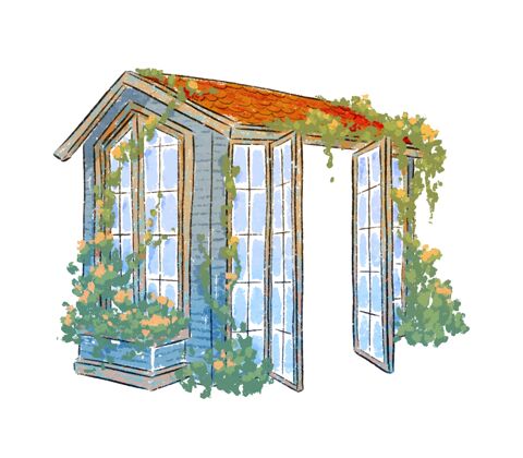 屋顶花园里的温室图纸传统的水彩旧的