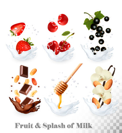 套装牛奶里有很多水果和浆果的图标草莓酱 香草 蜂蜜 坚果 巧克力 樱桃 黑醋栗 花生甜味茎叶子