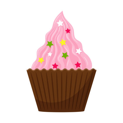 纸杯蛋糕蛋糕上有粉色奶油和装饰性的花洒卡通巧克力美味
