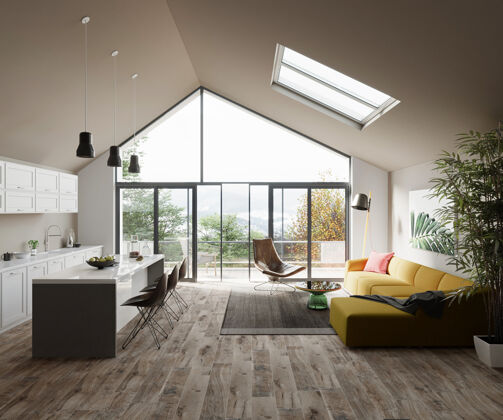渲染厨房和客厅家具在现代家居设计中的3d渲染床舒适地板