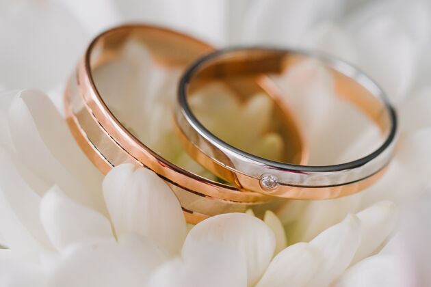 周年纪念白色花瓣背景上的金色结婚戒指特写优雅花瓣情侣