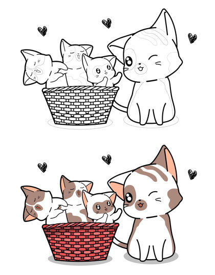 情人节猫和小猫卡通彩页猫浪漫卡通
