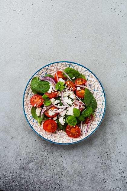 陶瓷西红柿 菠菜叶 红洋葱和羊乳酪沙拉放在浅色陶瓷盘子里 灰色的背面新鲜菠菜香料