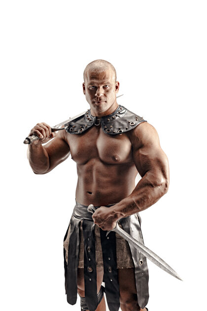 肌肉穿着皮衣的野蛮人剑肖像秃头的肌肉角斗士强壮皮革男人