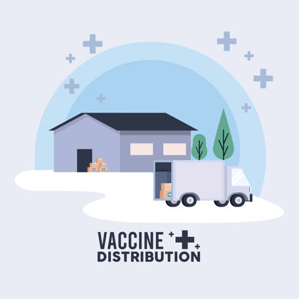 物流疫苗配送物流主题与仓库和卡车插图携带流行病疾病