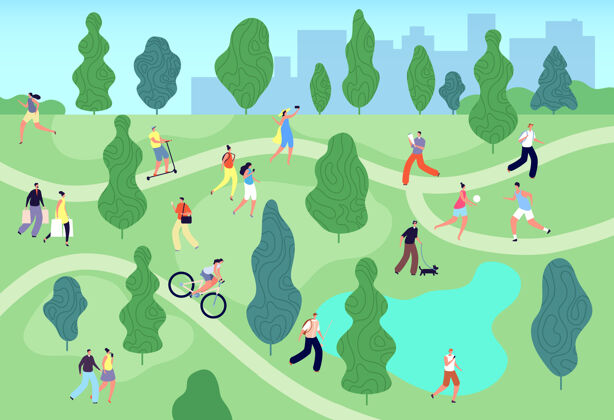 运动夏日公园里的人们城市的绿色花园孩子公园放松