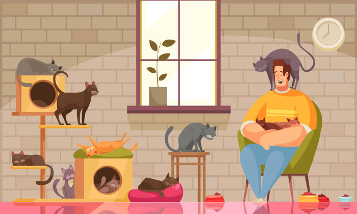 窗寵物保姆組成與客廳風景墻與窗戶和貓與坐的人的性格構圖住人物