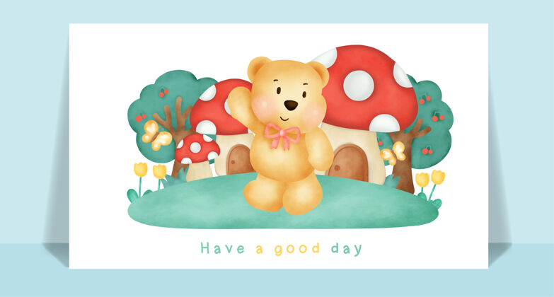 托儿所水彩可爱的泰迪熊在森林里为贺卡雨可爱贺卡
