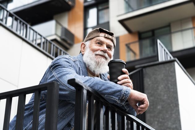 老年人在城市的户外喝咖啡的老人老年人城市杯子