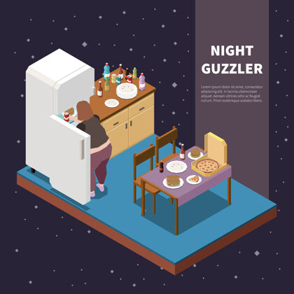 食物暴食等距插图与夜猫子采取食物冰箱三维肥胖等长夜晚