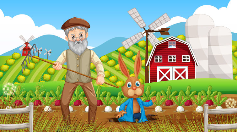 房子在白天的场景中与老农和农场动物一起农场洞环境兔子