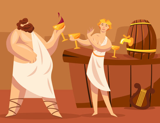 木桶古希腊诸神或希腊人一起喝酒神话神竖琴