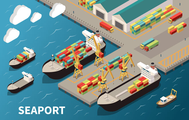 船舶海港码头等距组成有装卸集装箱船货船起重机货运仓库货物装运海港
