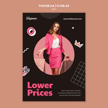 购物垂直海报模板销售与女子在粉红色西装优惠海报模板传单