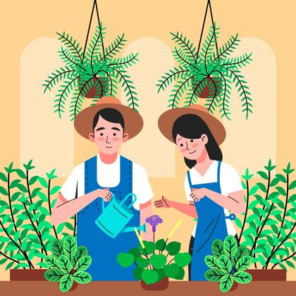 浇水植物人们照顾植物的平面插图五颜六色花店快乐的人