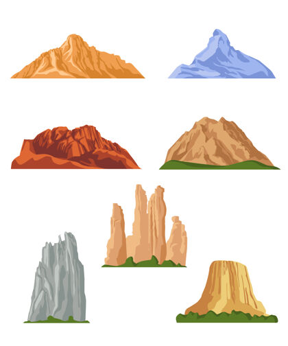 图片各种山地平面图片集卡通石山 岩石和山顶孤立插图景观设计元素和地形概念风景野生卡通