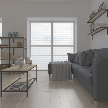 墙3d现代客厅内饰和现代家具座位空窗帘