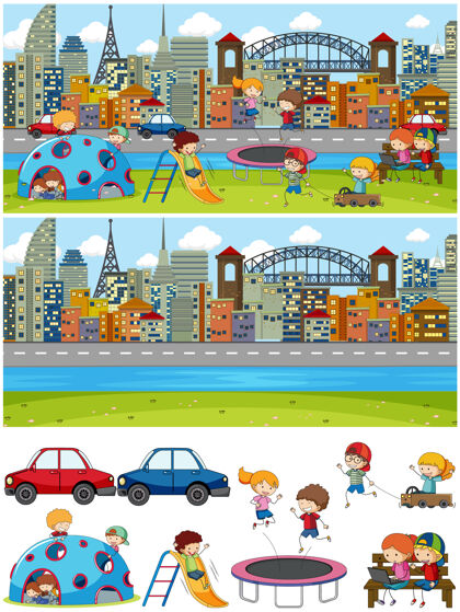素描一组不同的水平场景与涂鸦儿童卡通人物环境游戏空