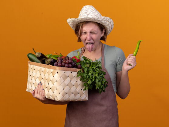 园艺年轻的斯拉夫女园丁戴着园艺帽 手里拿着蔬菜篮子和橘子上的辣椒 蹒跚着伸出舌头女不愉快舌头