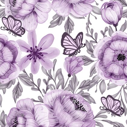 树叶水彩花蝴蝶紫色无缝图案花卉热带树叶