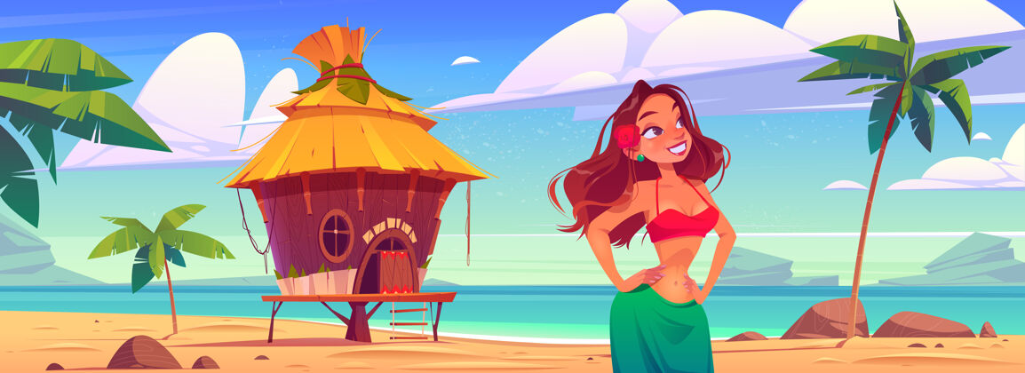小屋在热带岛屿的海滩上有小屋或平房的年轻女子花卡通度假