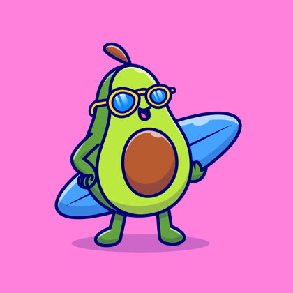 夏天可爱的鳄梨冲浪板卡通图标插图食品节日图标孤立平面卡通风格平面设计水果食物