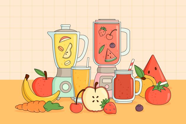 健康手绘果汁在搅拌机玻璃插图美味健康饮料水果