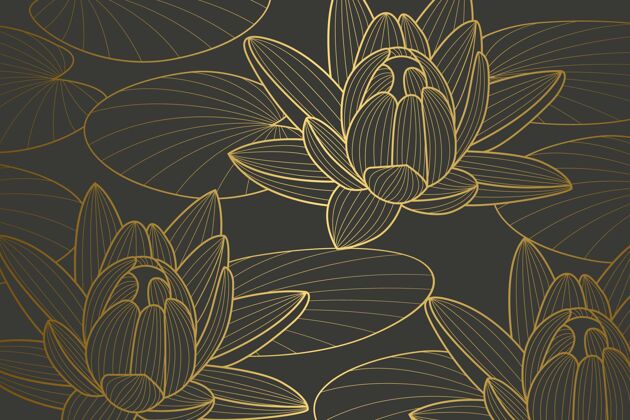 花卉渐变金色线性背景与睡莲设计花卉背景金色细节金色渐变