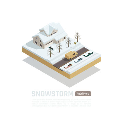 等距等距彩色自然灾害与暴风雪和积雪覆盖的道路和房屋组成雪构图颜色