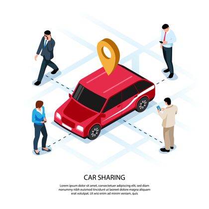 人汽车分享人等距组成移动应用程序与红色车辆上的互动地图位置车共享位置