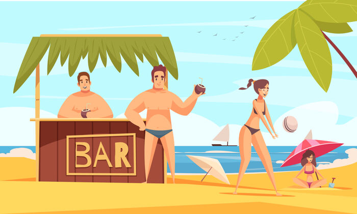 夏天海滩酒吧组成的夏季海滨景观和帐篷亭冷饮和人海滩风景暑假